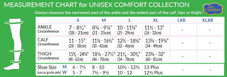 Dr Comfort Unisex Comfort Collection Size Chart