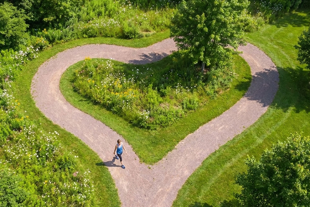 Best shoes for circulation - woman walking on heart shaped path